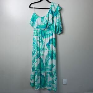 Peach Love California One Shoulder Summer Palm Leaves Print Maxi Dress Large